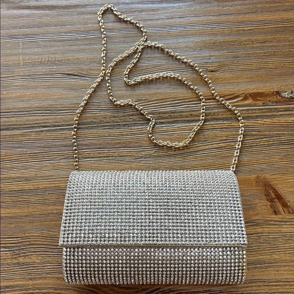 Sparkling Rhinestone Gold Clutch With Gold Chain - Picture 2 of 10